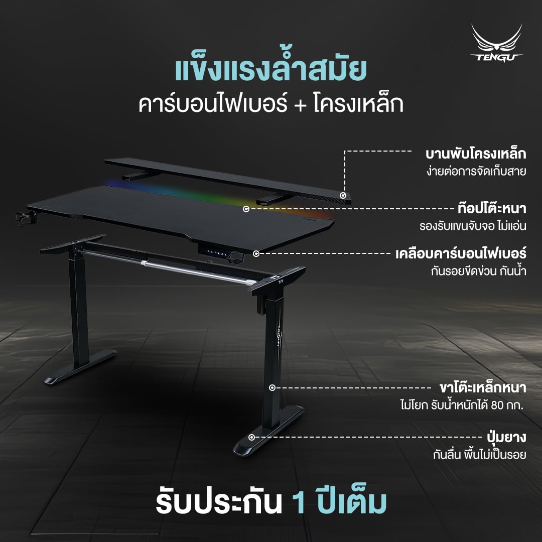 โต๊ะเกมมิ่ง ปรับระดับไฟฟ้า TENGUGAMINGGEARS รุ่น KENSHIN1 (D-KN(N)-BB) สีดำล้วน ขนาดหน้าโต๊ะ 140*75*74 ซม. มีไฟRGB_6